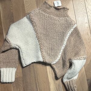 Altar'd State Two-Tone Beige & Cream Cable-Trim Turtleneck Sweater
